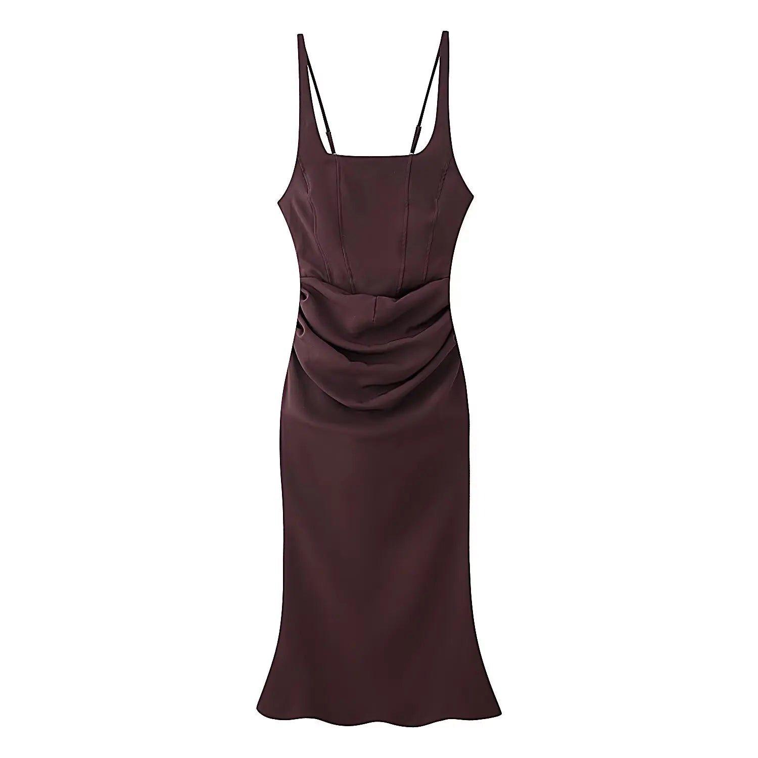 Square Neck Ruched Waist Corset Midi Dress