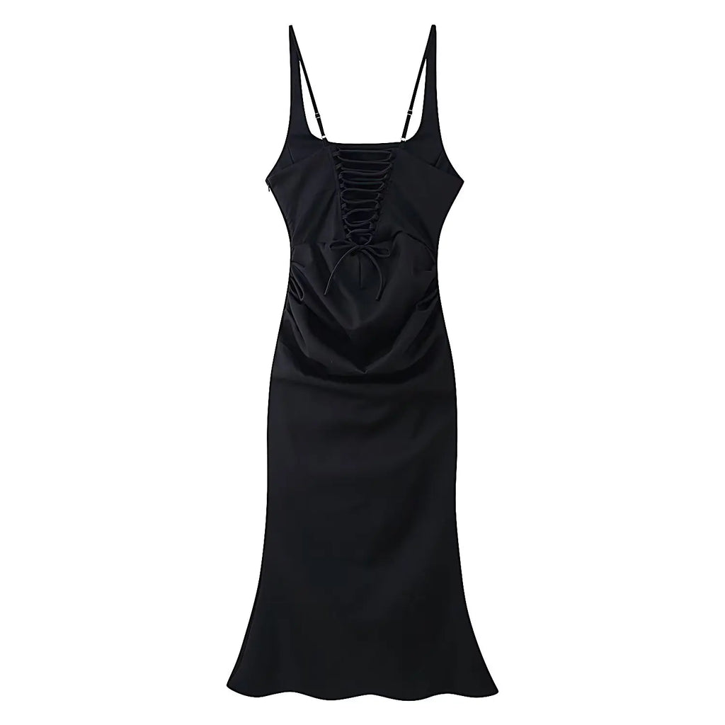 Square Neck Ruched Waist Corset Midi Dress