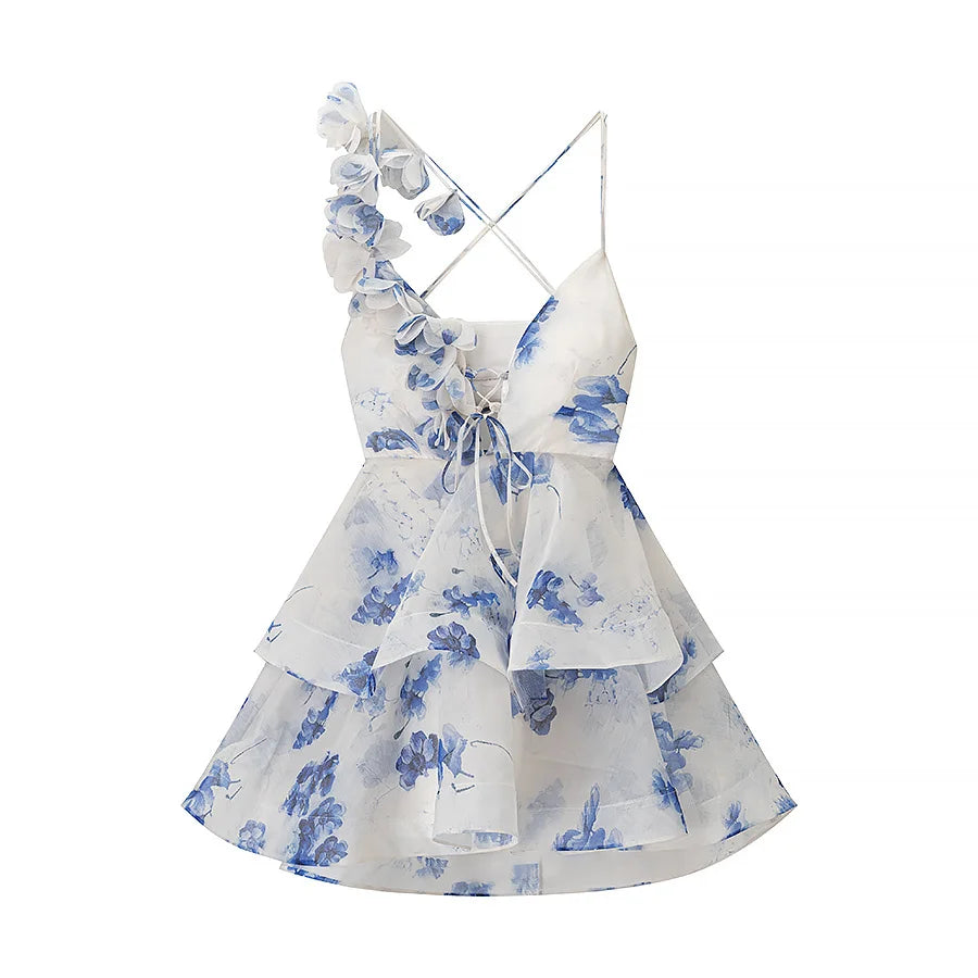 3D Floral Strap Lace Up Tiered Mini Dress