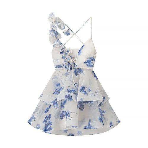 3D Floral Strap Lace Up Tiered Mini Dress