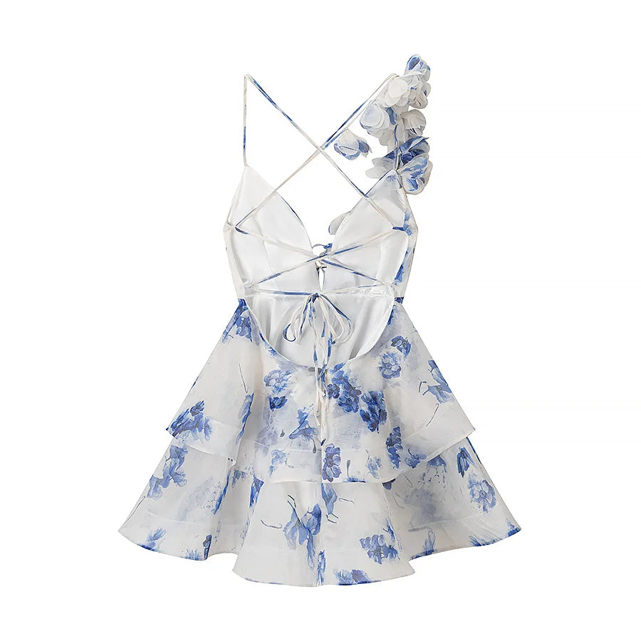 3D Floral Strap Lace Up Tiered Mini Dress