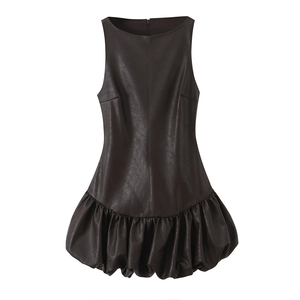 Sculpted Faux Leather Bubble Hem Mini Dress