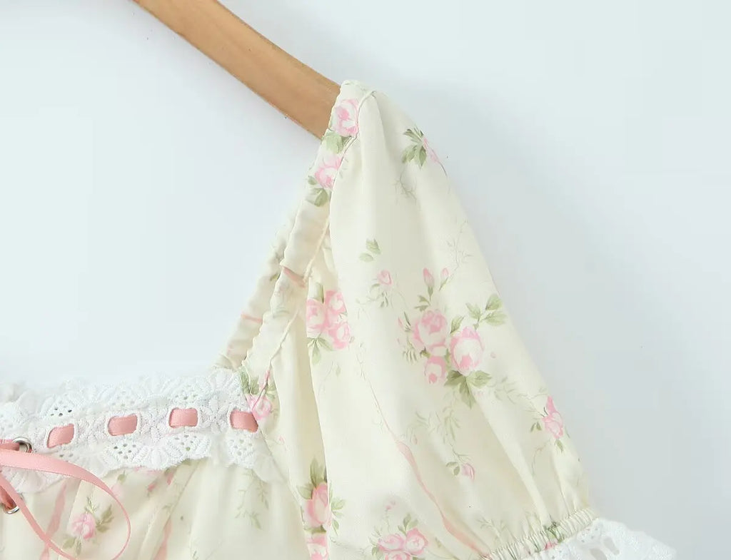 Lace Up Corset Puff Sleeve Midi Dress