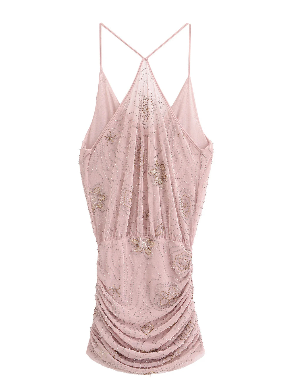 Beaded Cowl Neck Ruched Mini Dress