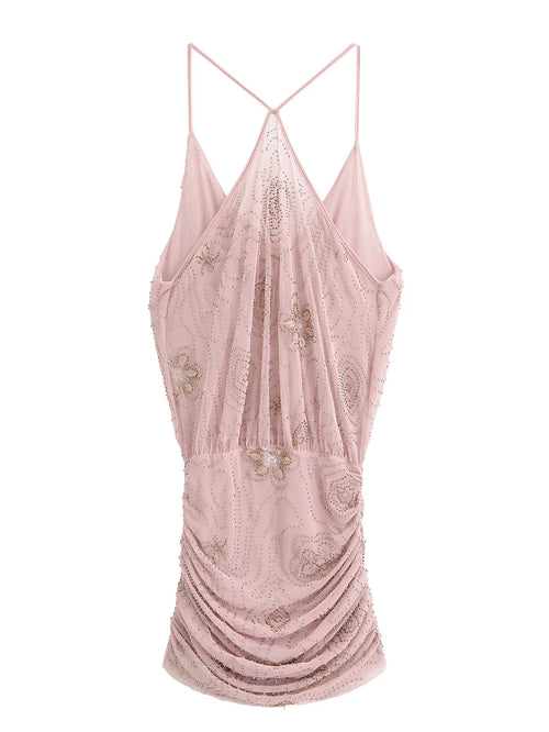 Beaded Cowl Neck Ruched Mini Dress