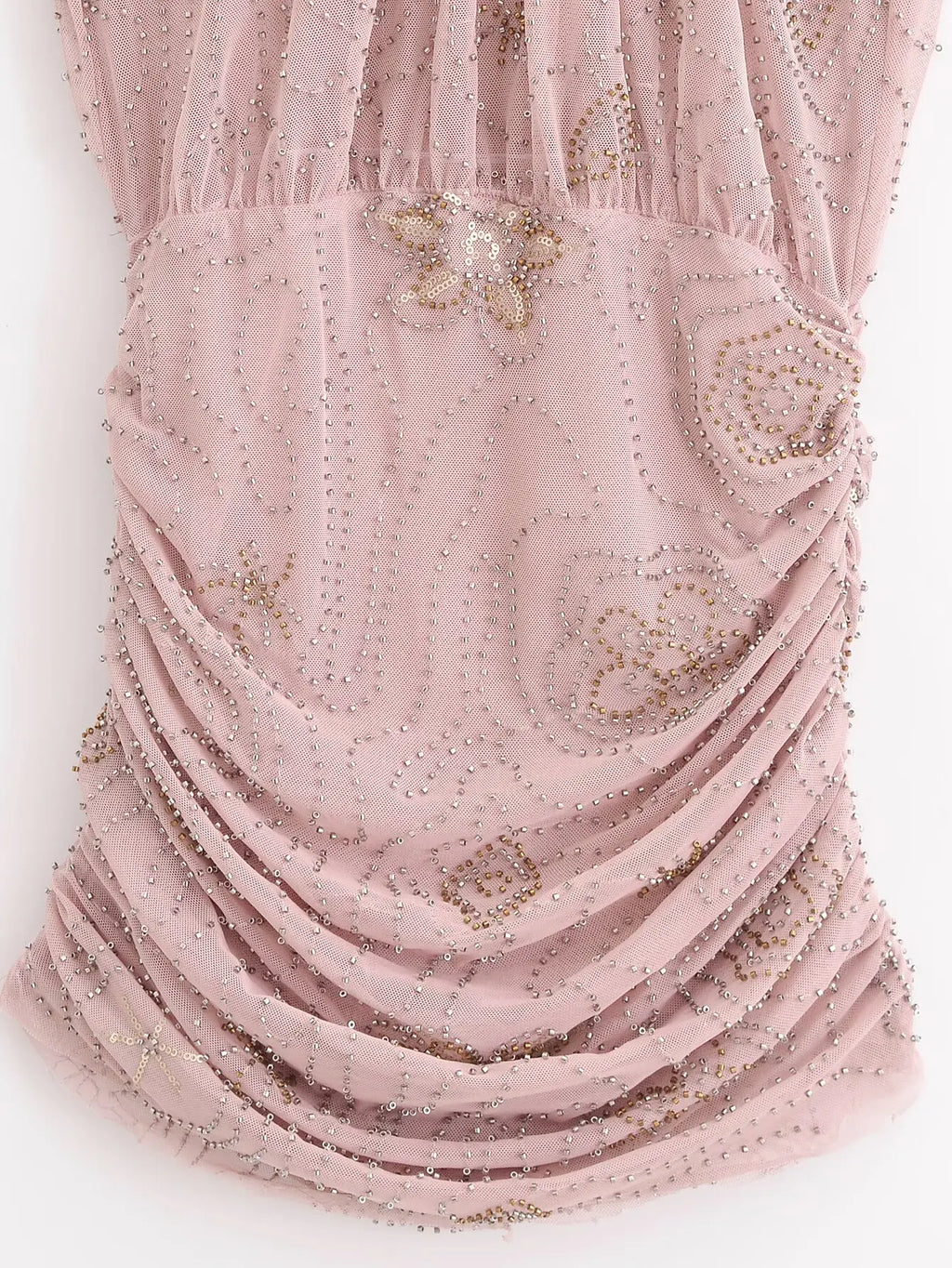 Beaded Cowl Neck Ruched Mini Dress