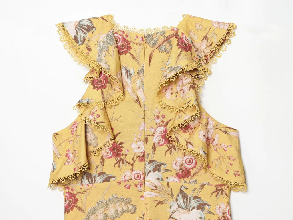 Ruffle Trim High Neck Floral Mini Dress