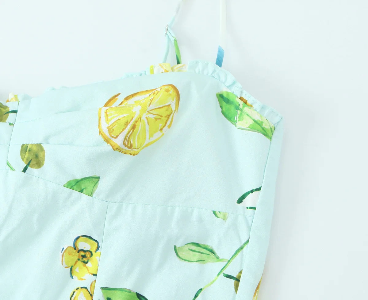 Lemon Print Sweetheart Cami Maxi Dress