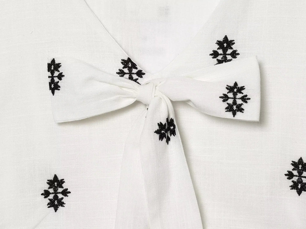 Bow Tie Puff Sleeve Embroidered Tiered Maxi Dress