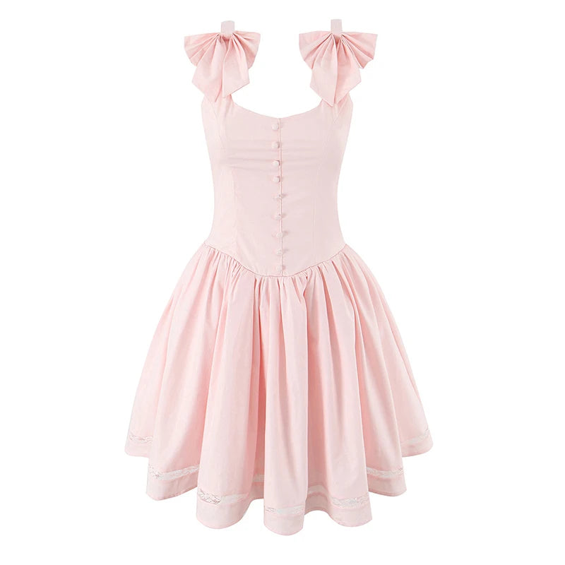 Bow Strap Button Front Mini Dress