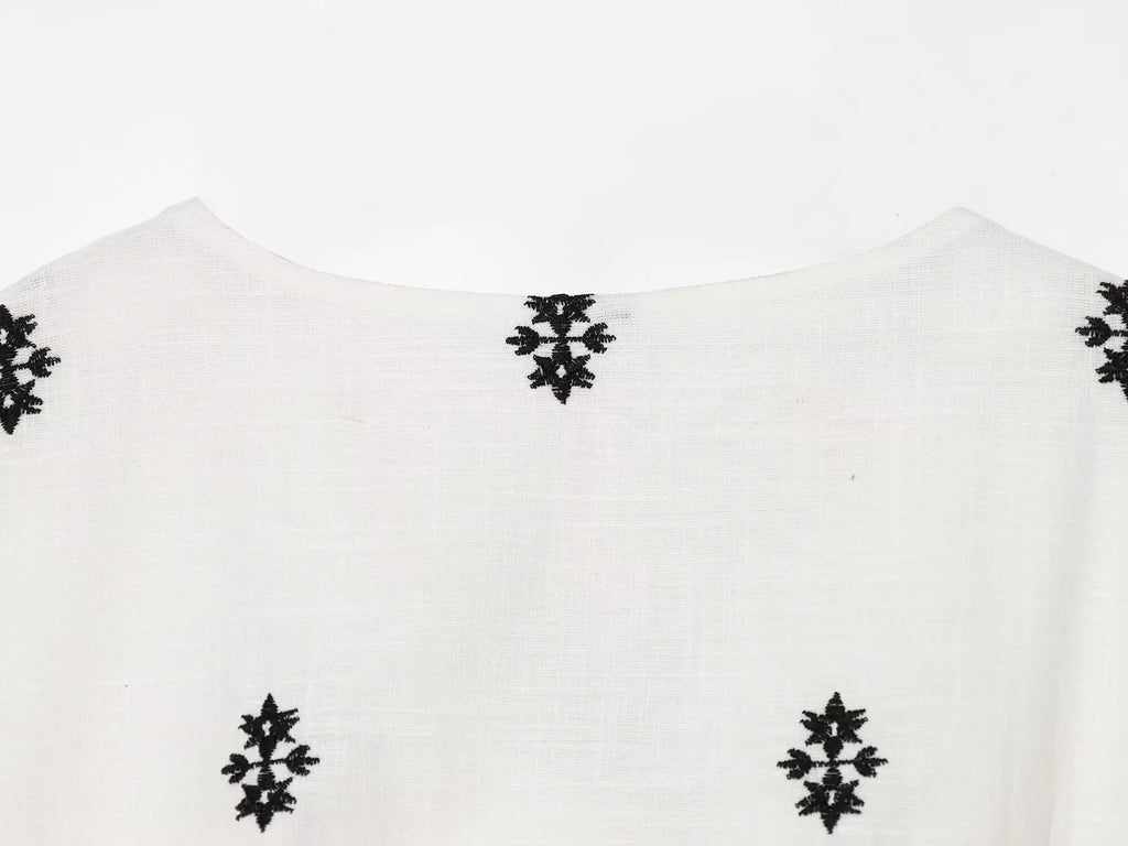 Bow Tie Puff Sleeve Embroidered Tiered Maxi Dress