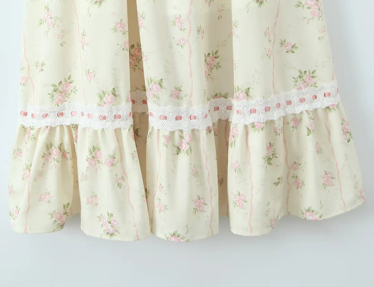Lace Up Corset Puff Sleeve Midi Dress