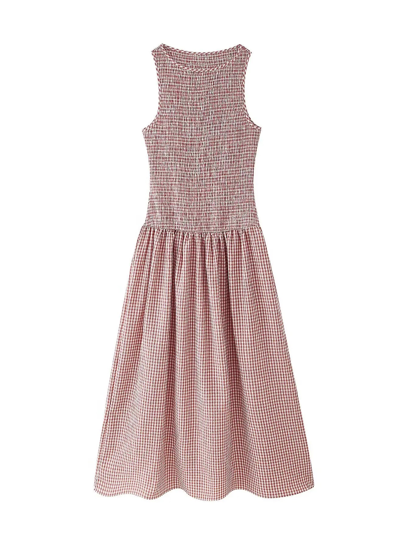 Smocked Crewneck Gingham Maxi Dress