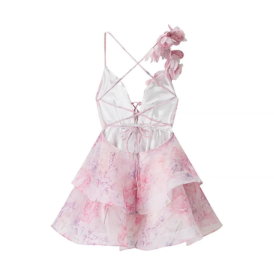3D Floral Strap Lace Up Tiered Mini Dress