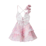 3D Floral Strap Lace Up Tiered Mini Dress