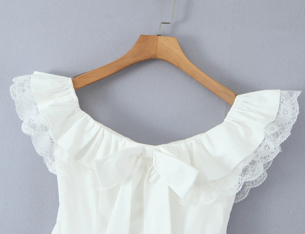 Lace Ruffle Bow Bardot Mini Dress