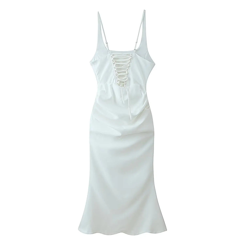Square Neck Ruched Waist Corset Midi Dress