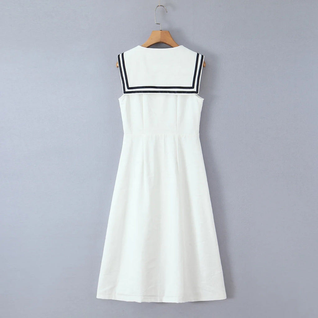 Sailor Collar Bow Front Button Midi Dress