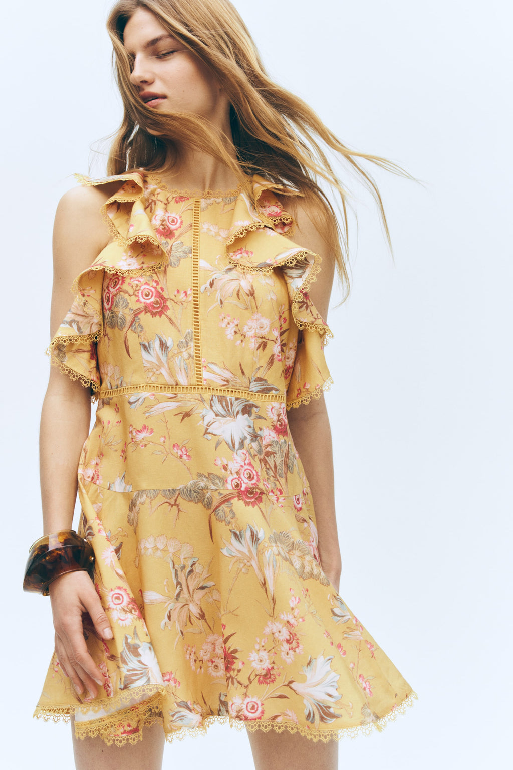 Ruffle Trim High Neck Floral Mini Dress