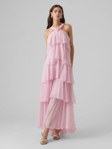 Rosette Halter Tiered Chiffon Maxi Dress