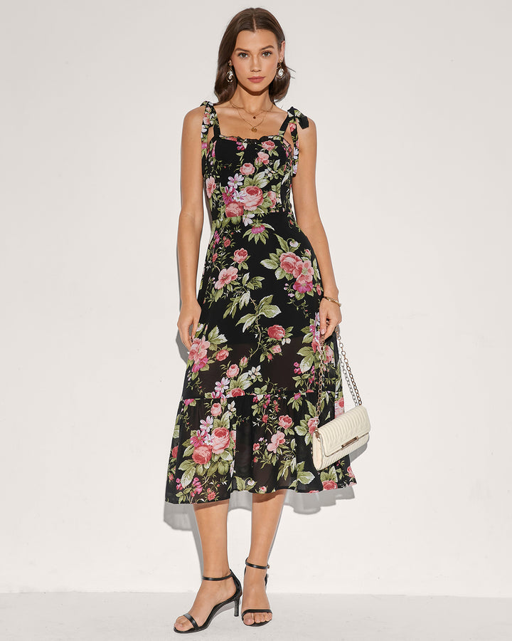Floral Tie Strap Square Neck Maxi Dress