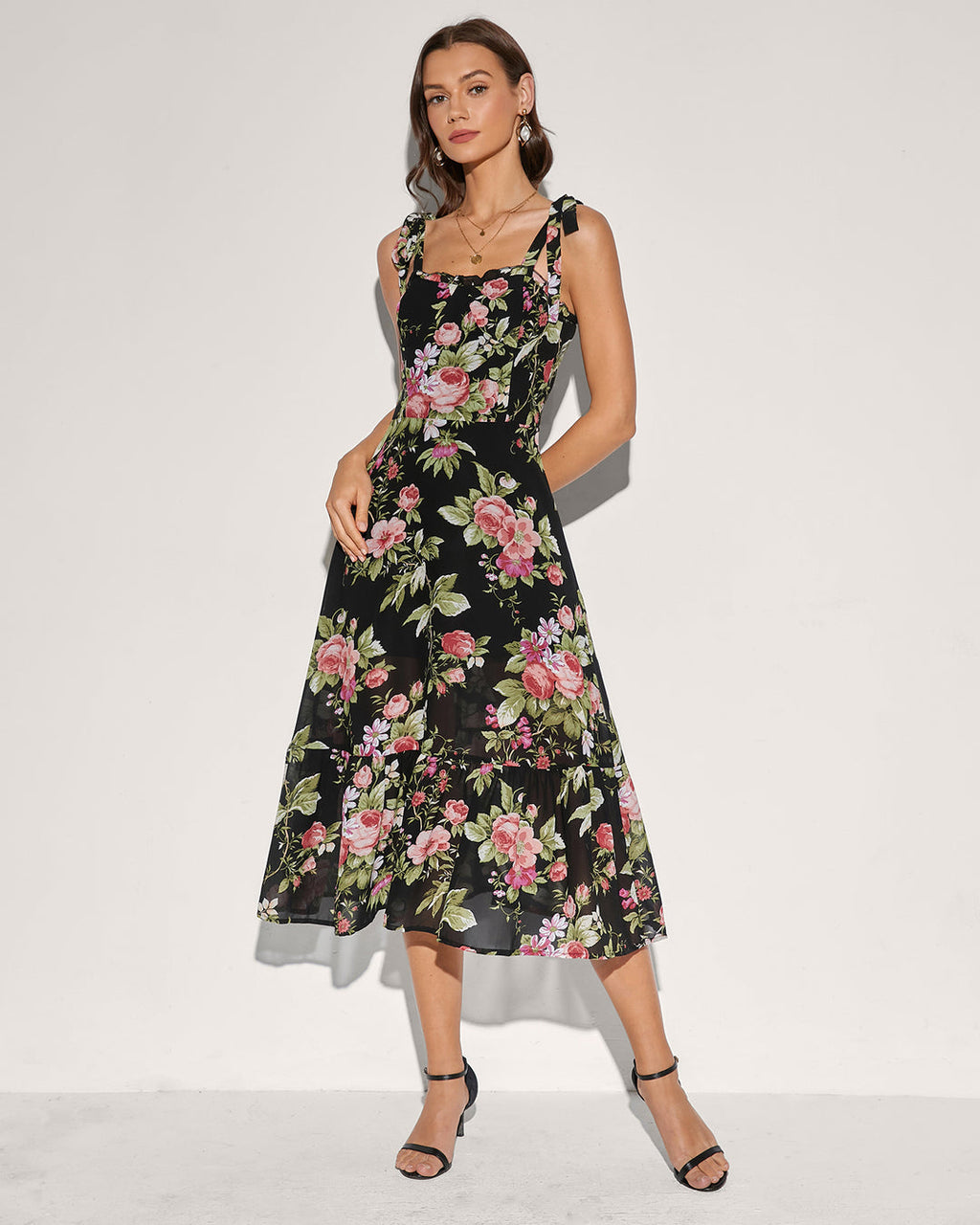 Floral Tie Strap Square Neck Maxi Dress